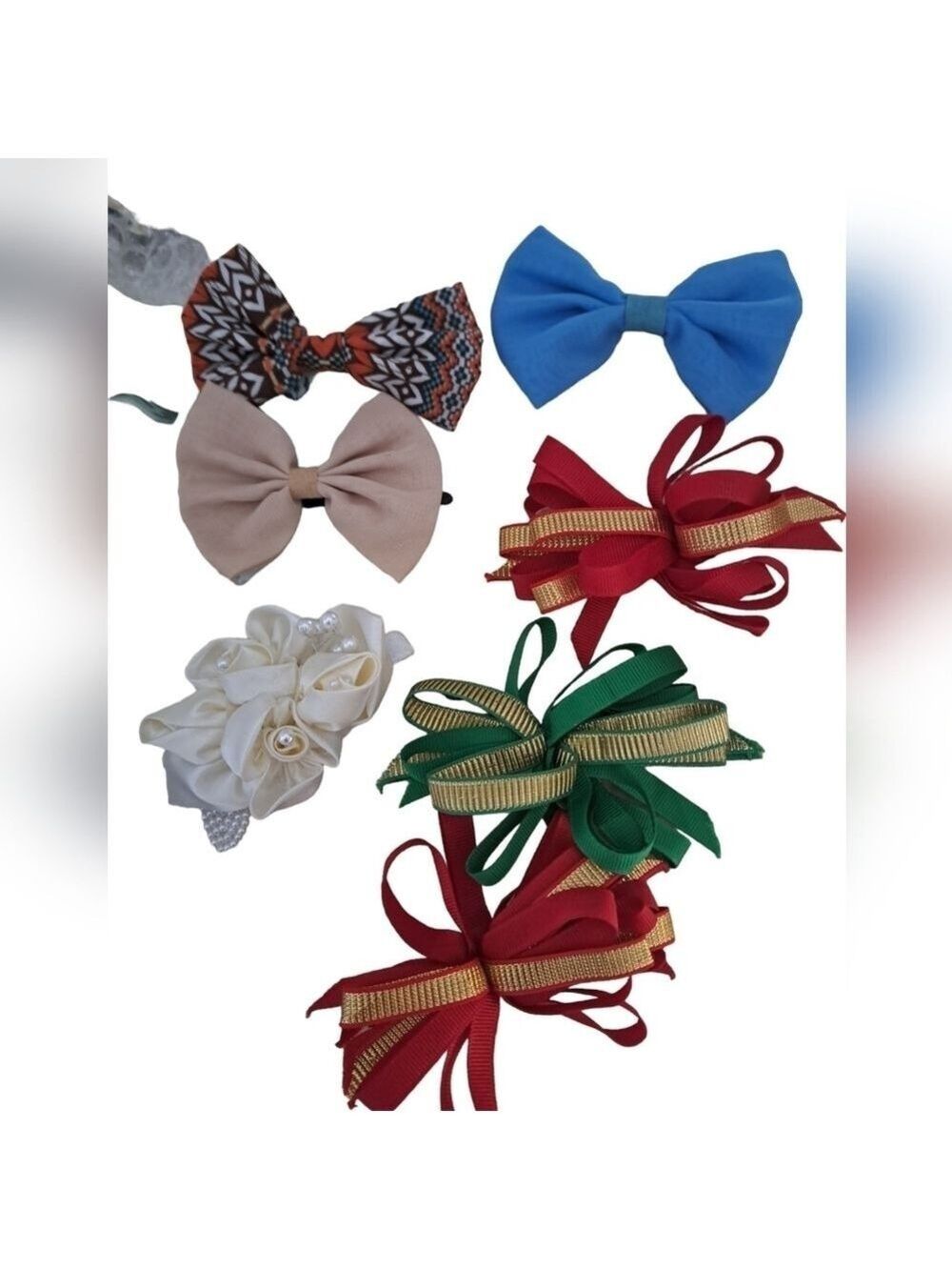 ASSORTED VTG barrettes bows hair clips cloth ribbon satiny pearly red green 7